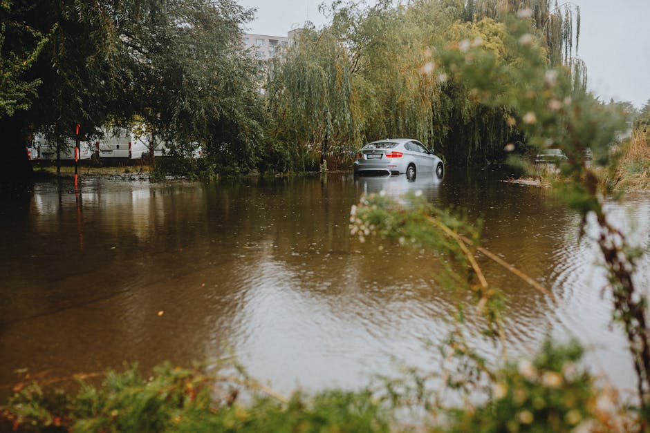 A flooded outdoor area shows an expanse of water covering a paved surface, with a partially submerged silver car positioned near the center, its roof and upper windows visible above the waterline. Sur